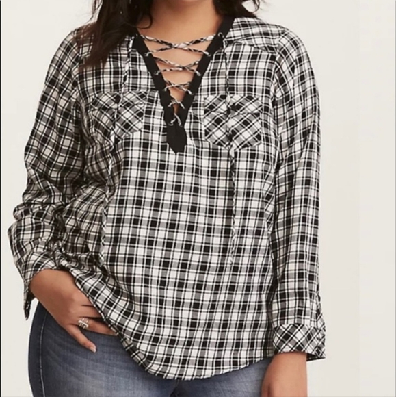 torrid Tops - Torrid Women's Black & White Check Cotton Lace Up Pockets Long Sleeve Size 1X.